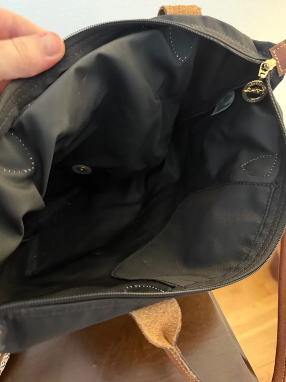Longchamp Le Pliage Black Nylon Brown Leather Shoulder Tote Bag